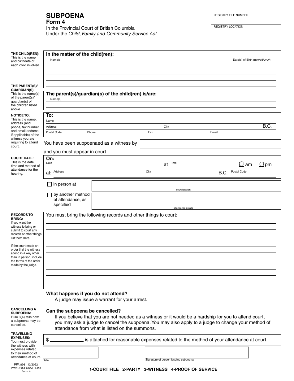 CFCSA Form 4 (PFA896) Subpoena - British Columbia, Canada, Page 3