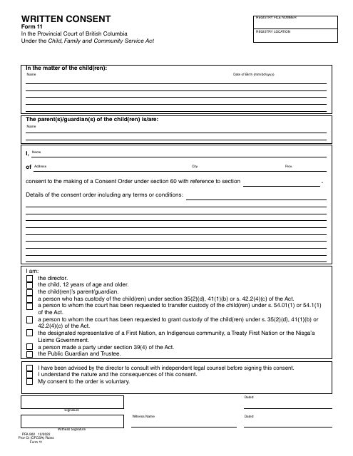 Form PFA902 (CFCSA Form 11) Written Consent - British Columbia, Canada