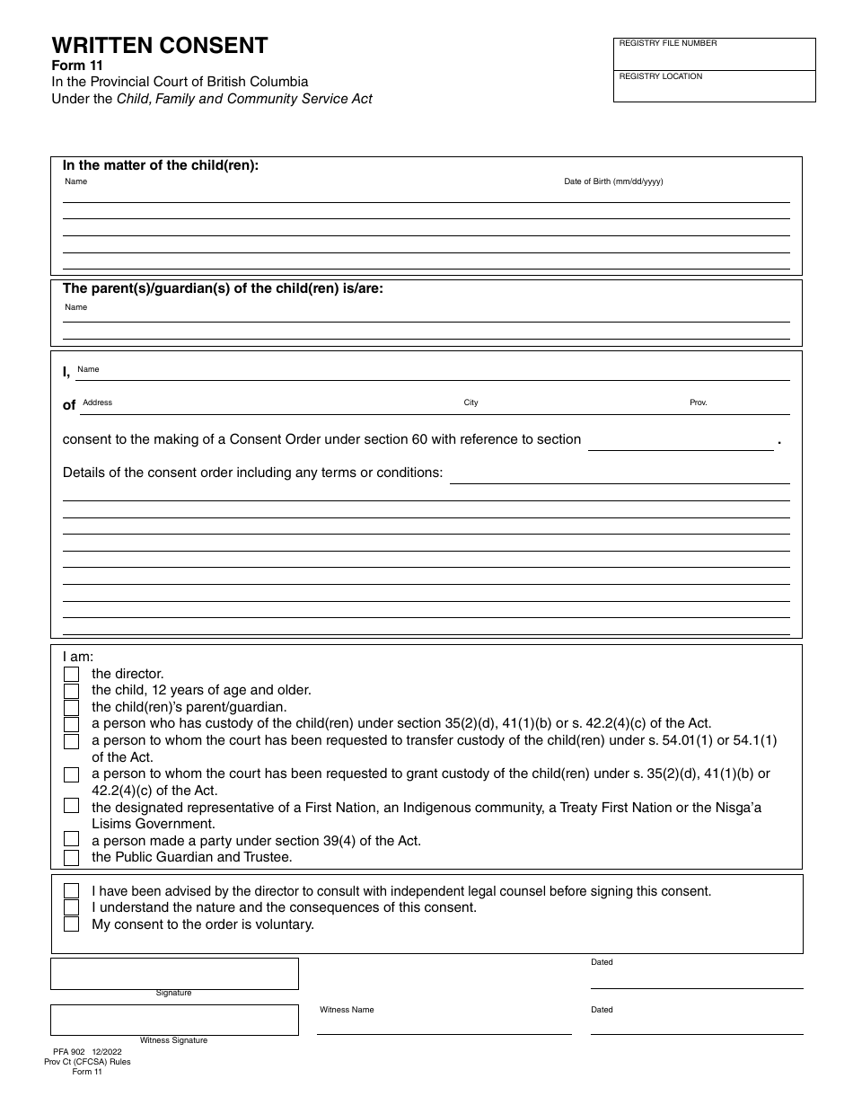 Form PFA902 (CFCSA Form 11) Written Consent - British Columbia, Canada, Page 1