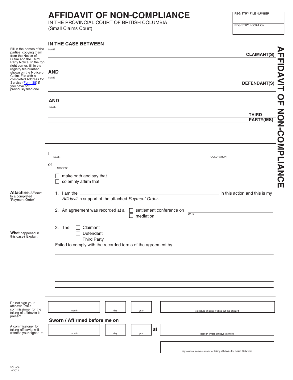 Form SCL808 Affidavit of Non-compliance - British Columbia, Canada, Page 1