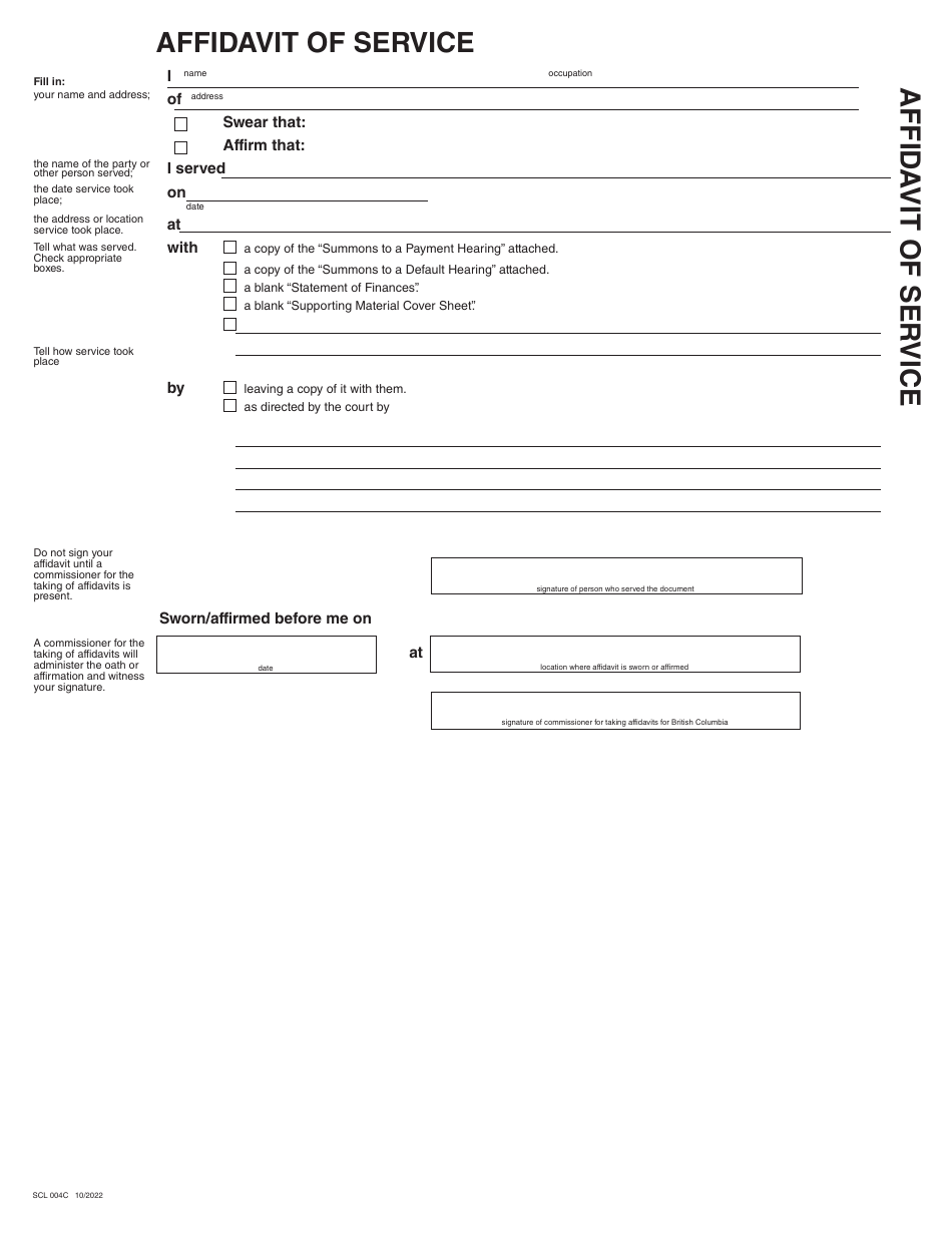 Form SCL004C Affidavit of Service - British Columbia, Canada, Page 1