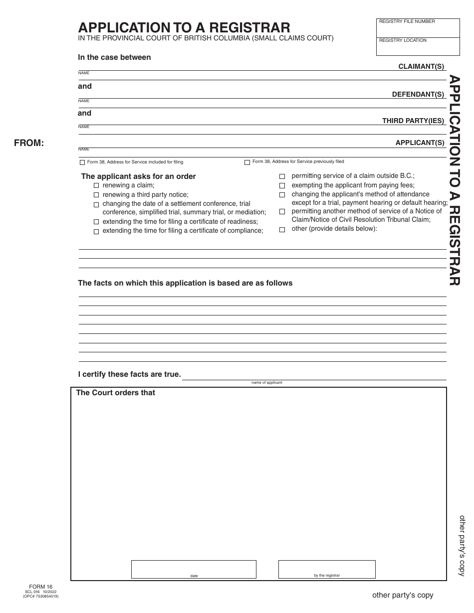 Form 16 (SCL016) Application to a Registrar - British Columbia, Canada, Page 4