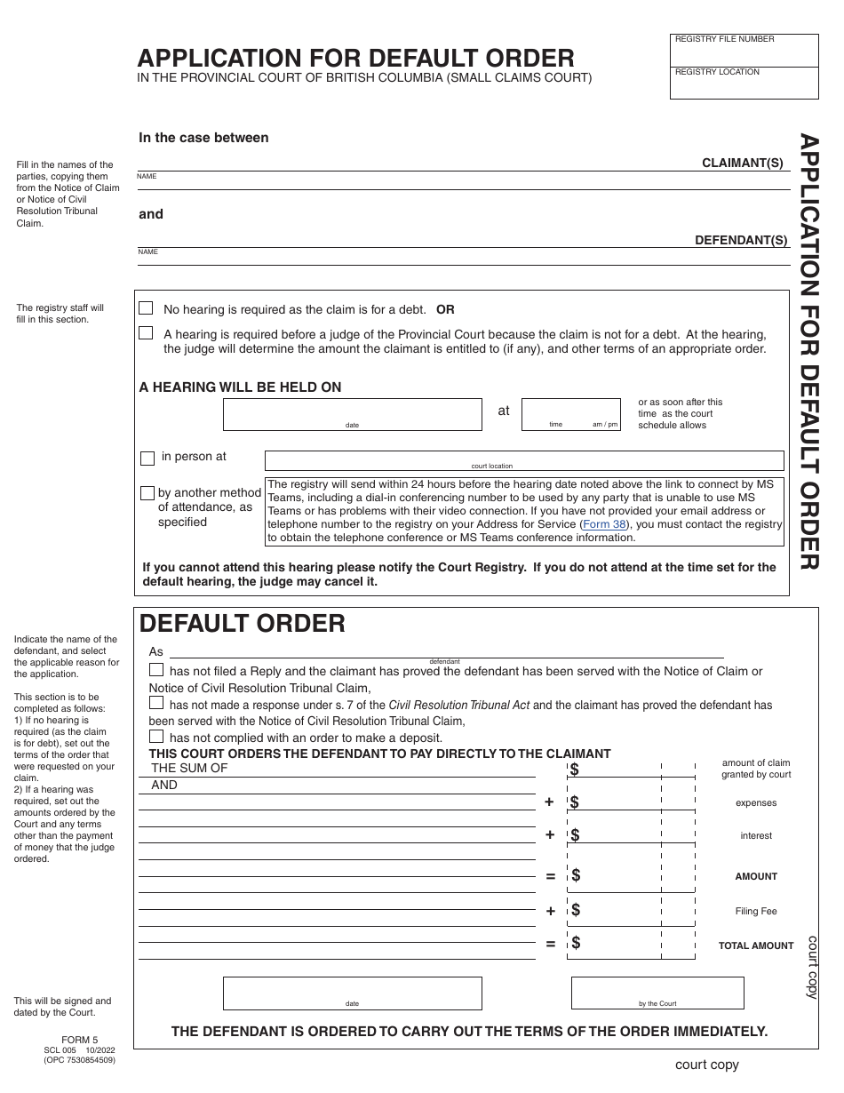 Form 5 (SCL005) Application for Default Order - British Columbia, Canada, Page 3