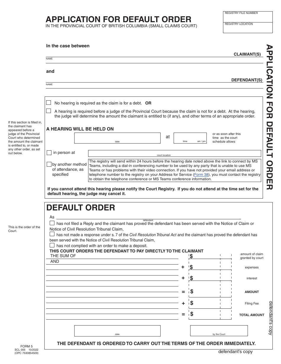 Form 5 (SCL005) Application for Default Order - British Columbia, Canada, Page 4