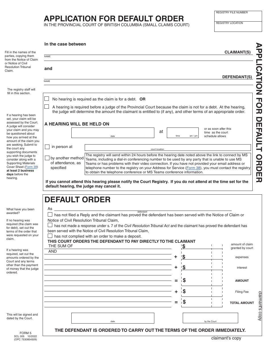 Form 5 (SCL005) Application for Default Order - British Columbia, Canada, Page 5