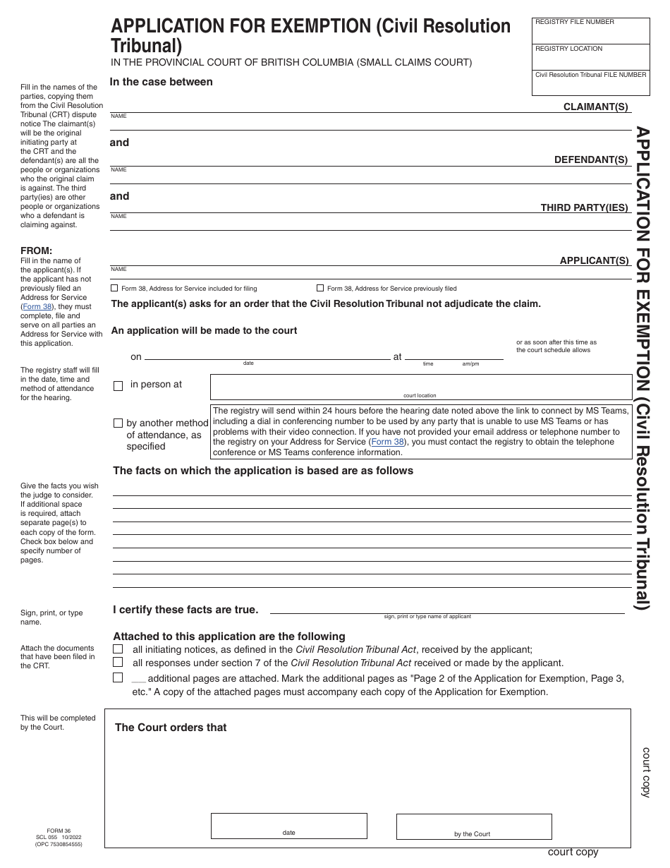 Form 36 (SCL055) Application for Exemption (Civil Resolution Tribunal) - British Columbia, Canada, Page 1
