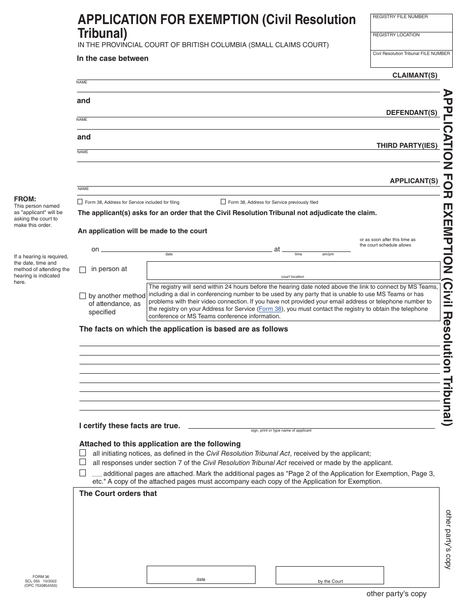 Form 36 (SCL055) Application for Exemption (Civil Resolution Tribunal) - British Columbia, Canada, Page 3