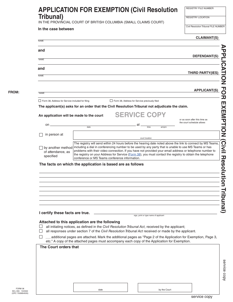 Form 36 (SCL055) Application for Exemption (Civil Resolution Tribunal) - British Columbia, Canada, Page 5