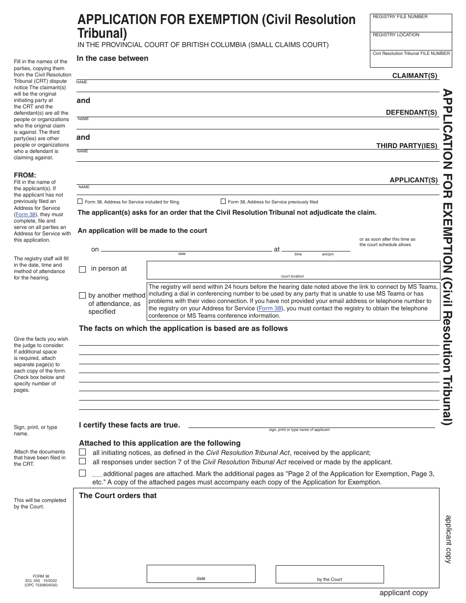 Form 36 (SCL055) Application for Exemption (Civil Resolution Tribunal) - British Columbia, Canada, Page 7