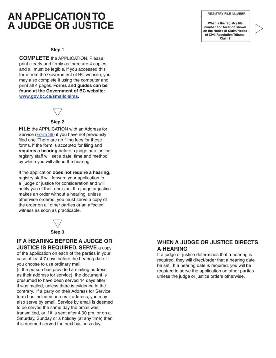Form 17 (SCL017) Application to a Judge or Justice - British Columbia, Canada, Page 2