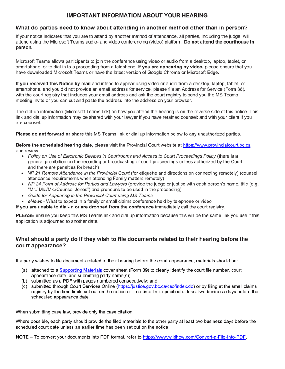 Form 17 (SCL017) Application to a Judge or Justice - British Columbia, Canada, Page 6