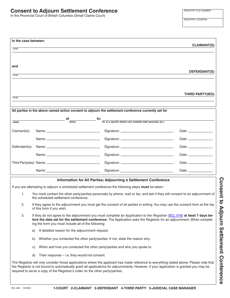 Form SCL829 Consent to Adjourn Settlement Conference - British Columbia, Canada, Page 1
