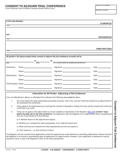 Form SCL828 Consent to Adjourn Trial Conference - British Columbia, Canada