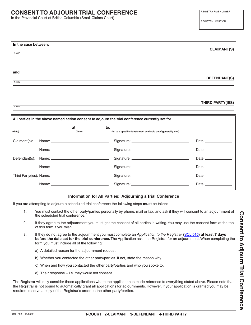 Form SCL828 Consent to Adjourn Trial Conference - British Columbia, Canada, Page 1