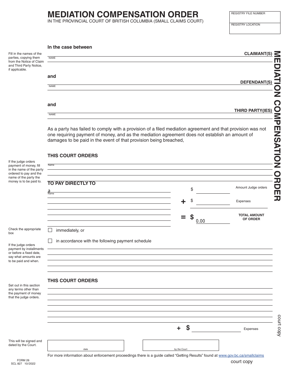 SCR Form 26 (SCL827) Mediation Compensation Order - British Columbia, Canada, Page 1