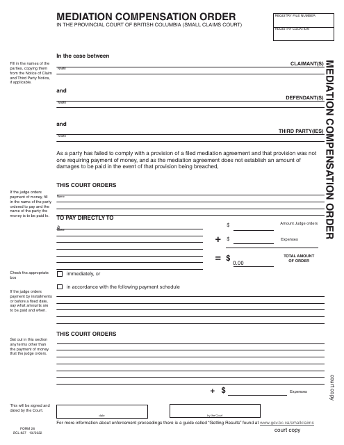 SCR Form 26 (SCL827) Mediation Compensation Order - British Columbia, Canada
