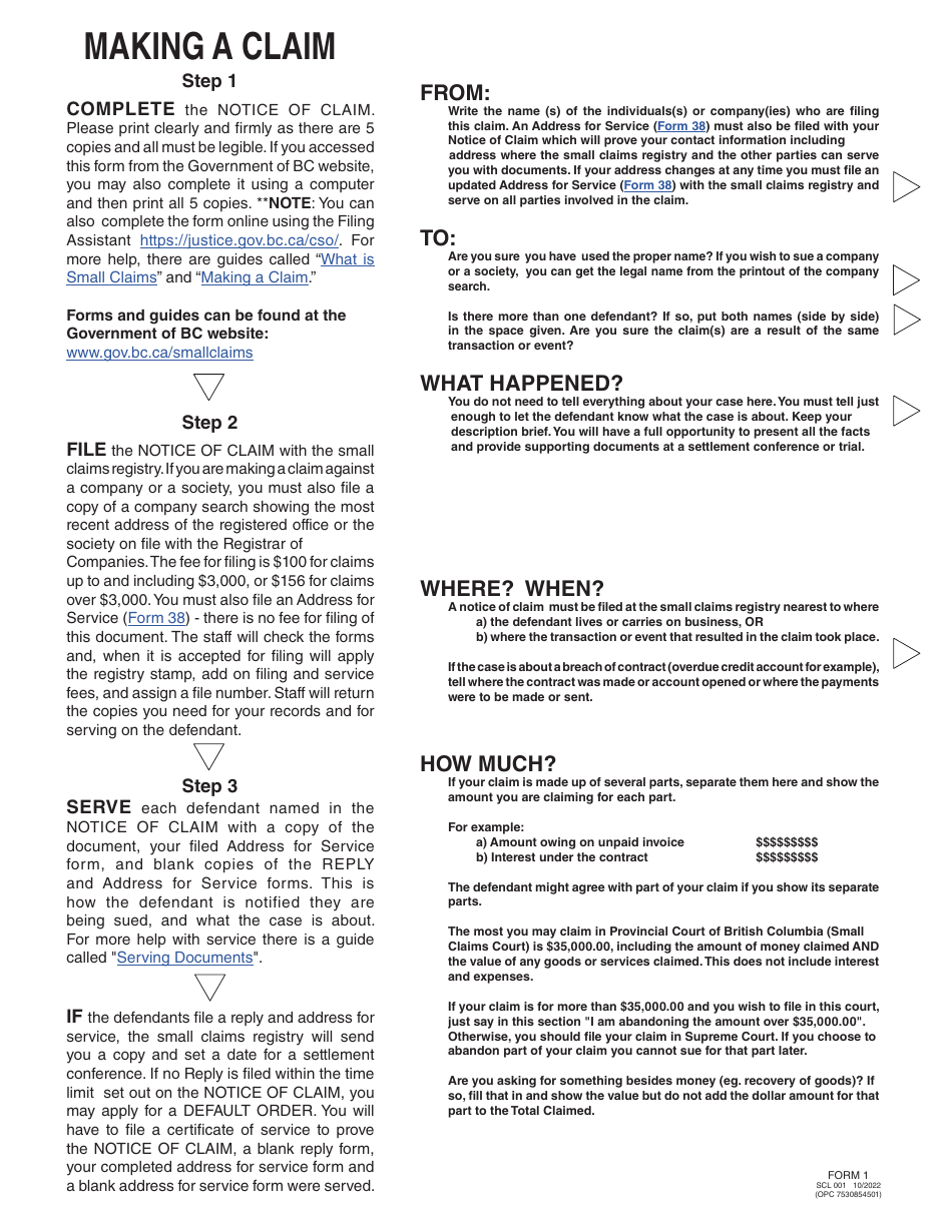 SCR Form 1 (SCL001) Notice of Claim - British Columbia, Canada, Page 2