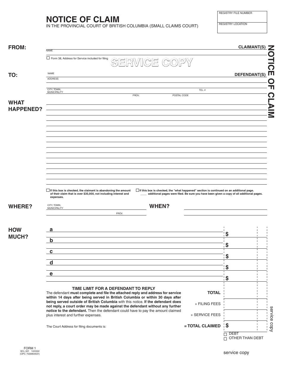 SCR Form 1 (SCL001) Notice of Claim - British Columbia, Canada, Page 5