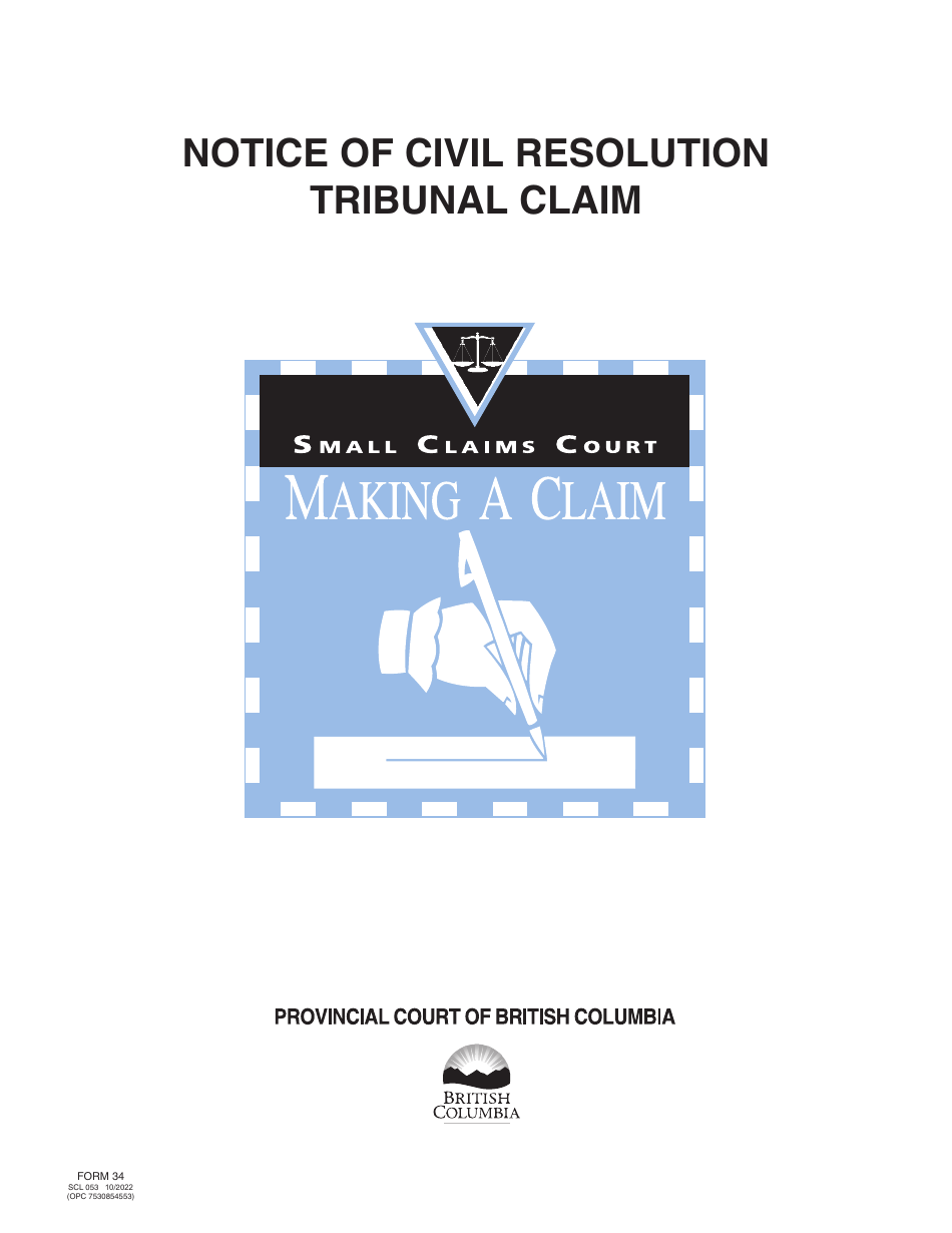 SCR Form 34 (SCL053) Notice of Civil Resolution Tribunal Claim - British Columbia, Canada, Page 1