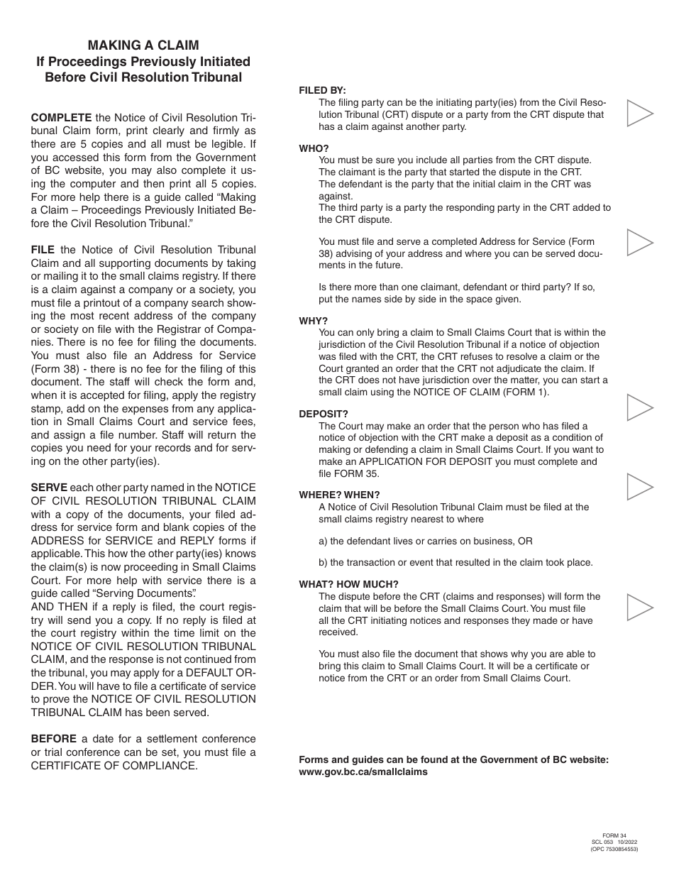 SCR Form 34 (SCL053) Notice of Civil Resolution Tribunal Claim - British Columbia, Canada, Page 2
