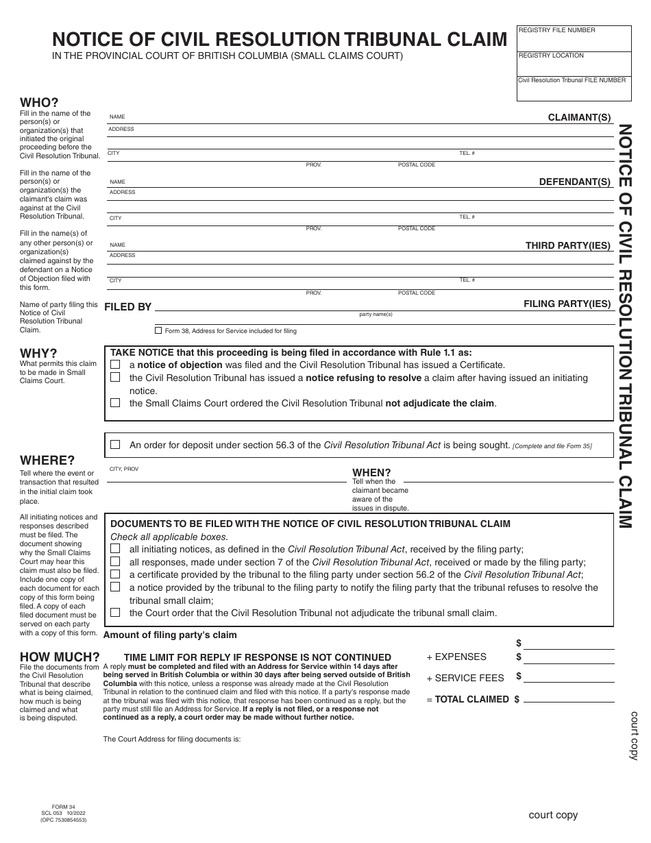 SCR Form 34 (SCL053) Notice of Civil Resolution Tribunal Claim - British Columbia, Canada, Page 3