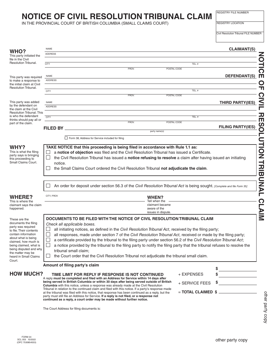 SCR Form 34 (SCL053) Notice of Civil Resolution Tribunal Claim - British Columbia, Canada, Page 5