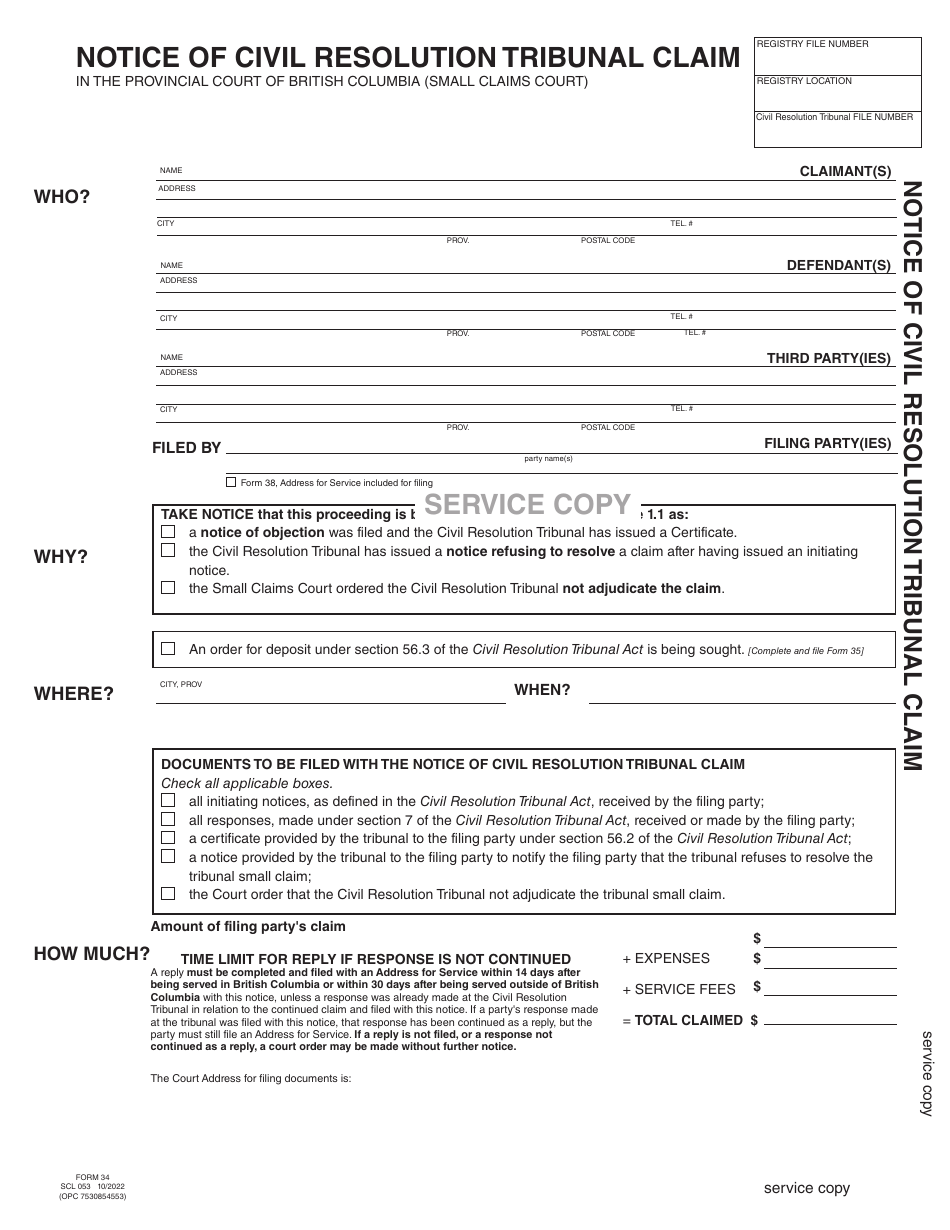 SCR Form 34 (SCL053) Notice of Civil Resolution Tribunal Claim - British Columbia, Canada, Page 6