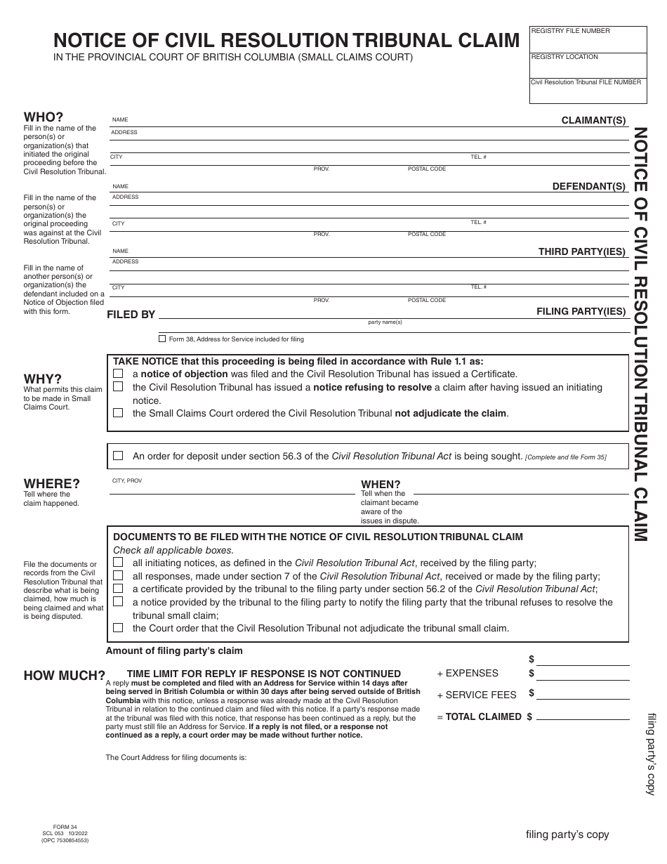 SCR Form 34 (SCL053) Notice of Civil Resolution Tribunal Claim - British Columbia, Canada, Page 8