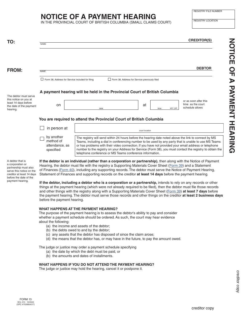 SCR Form 13 (SCL013) Notice of Payment Hearing - British Columbia, Canada, Page 4