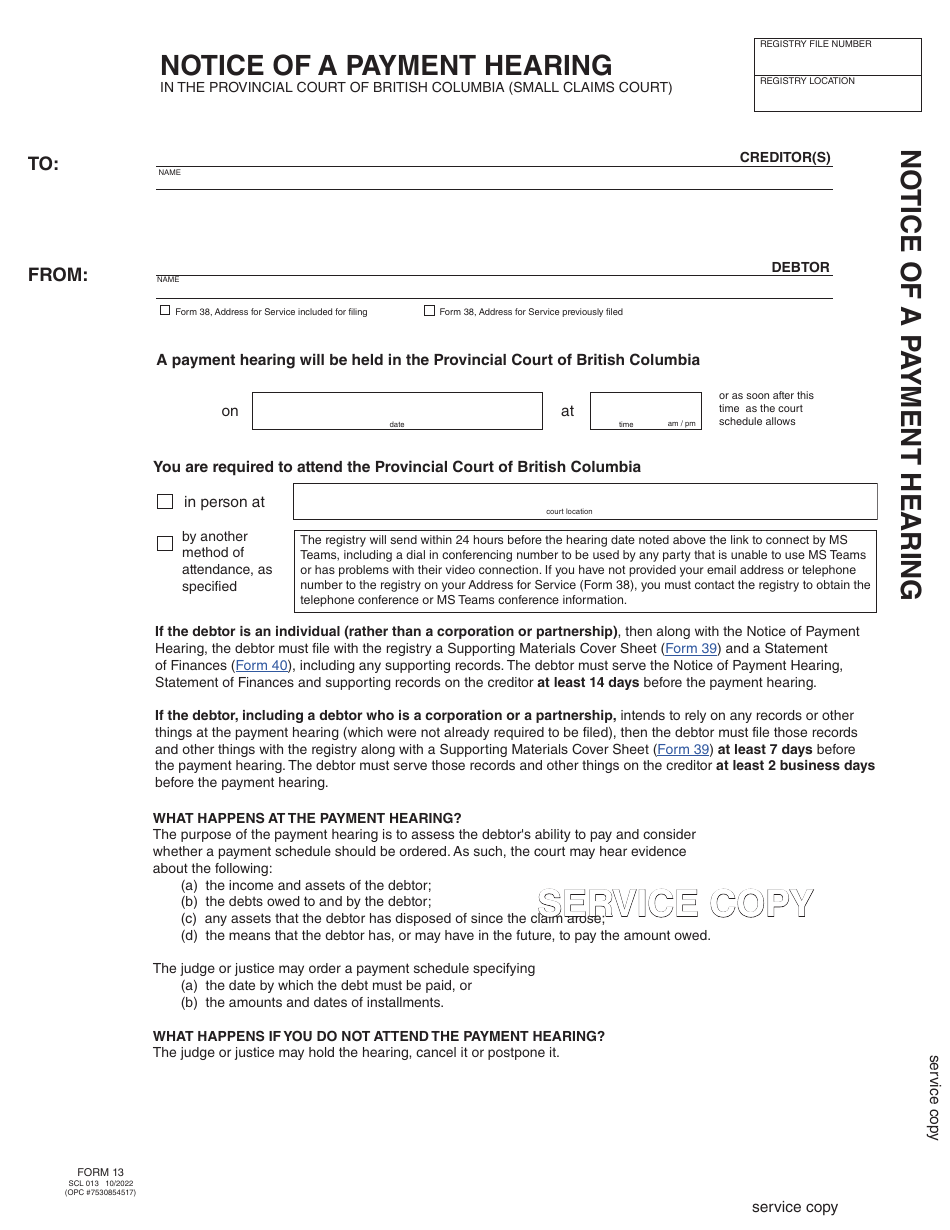 SCR Form 13 (SCL013) Notice of Payment Hearing - British Columbia, Canada, Page 6