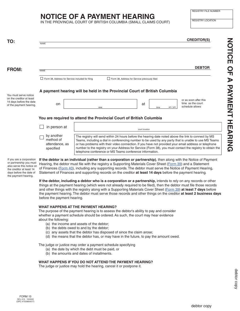 SCR Form 13 (SCL013) Notice of Payment Hearing - British Columbia, Canada, Page 8