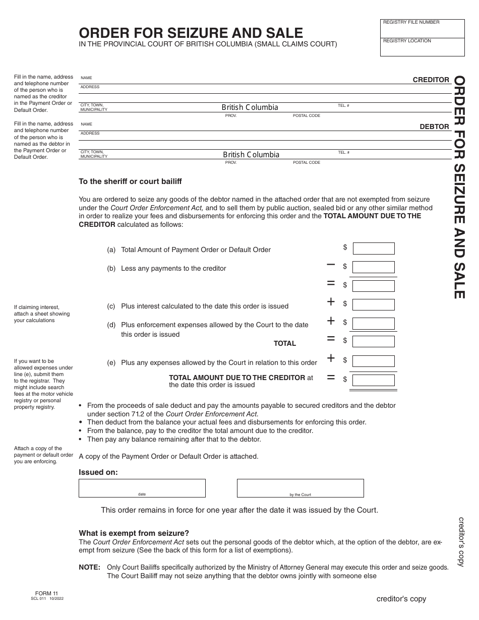 SCR Form 11 (SCL011) Order for Seizure and Sale - British Columbia, Canada, Page 11