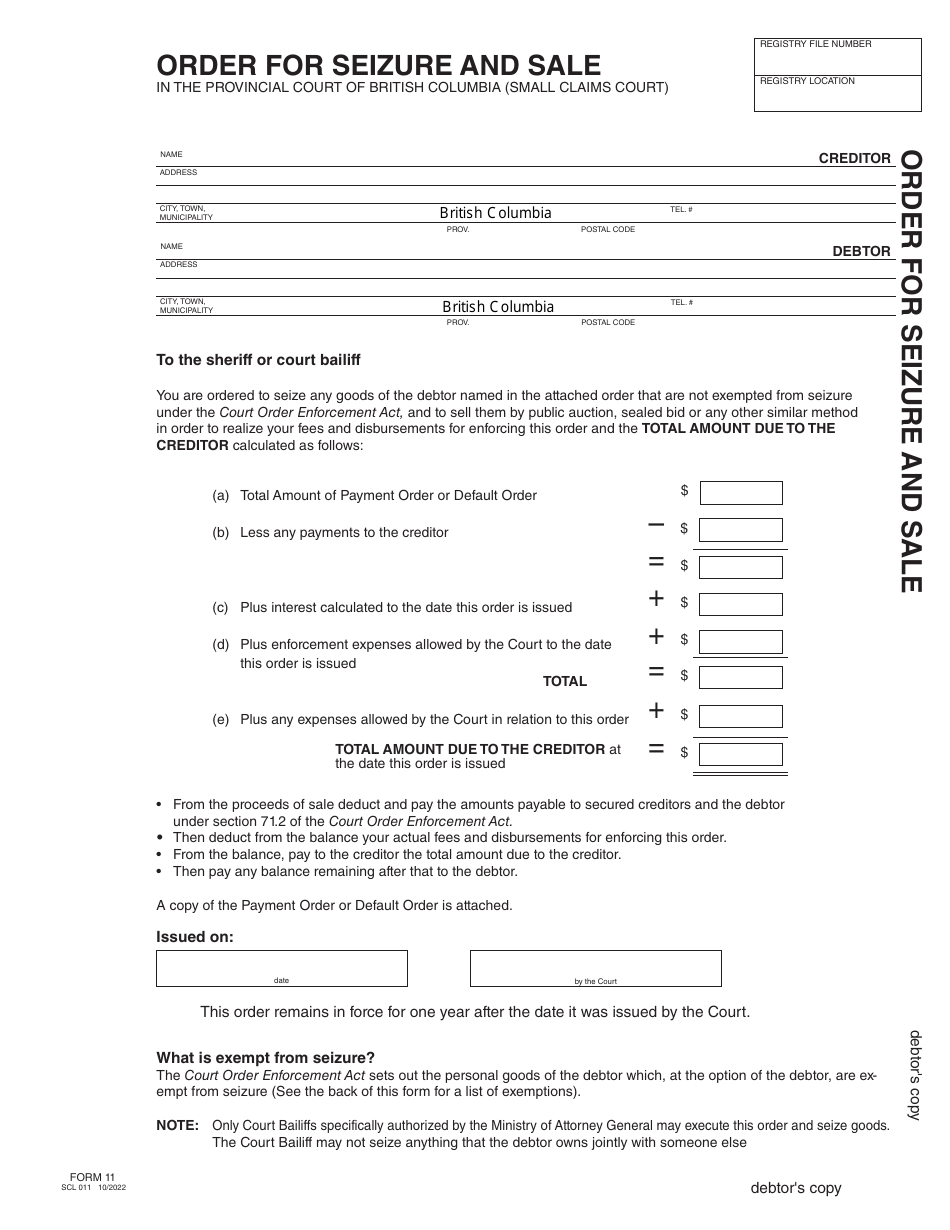SCR Form 11 (SCL011) Order for Seizure and Sale - British Columbia, Canada, Page 7