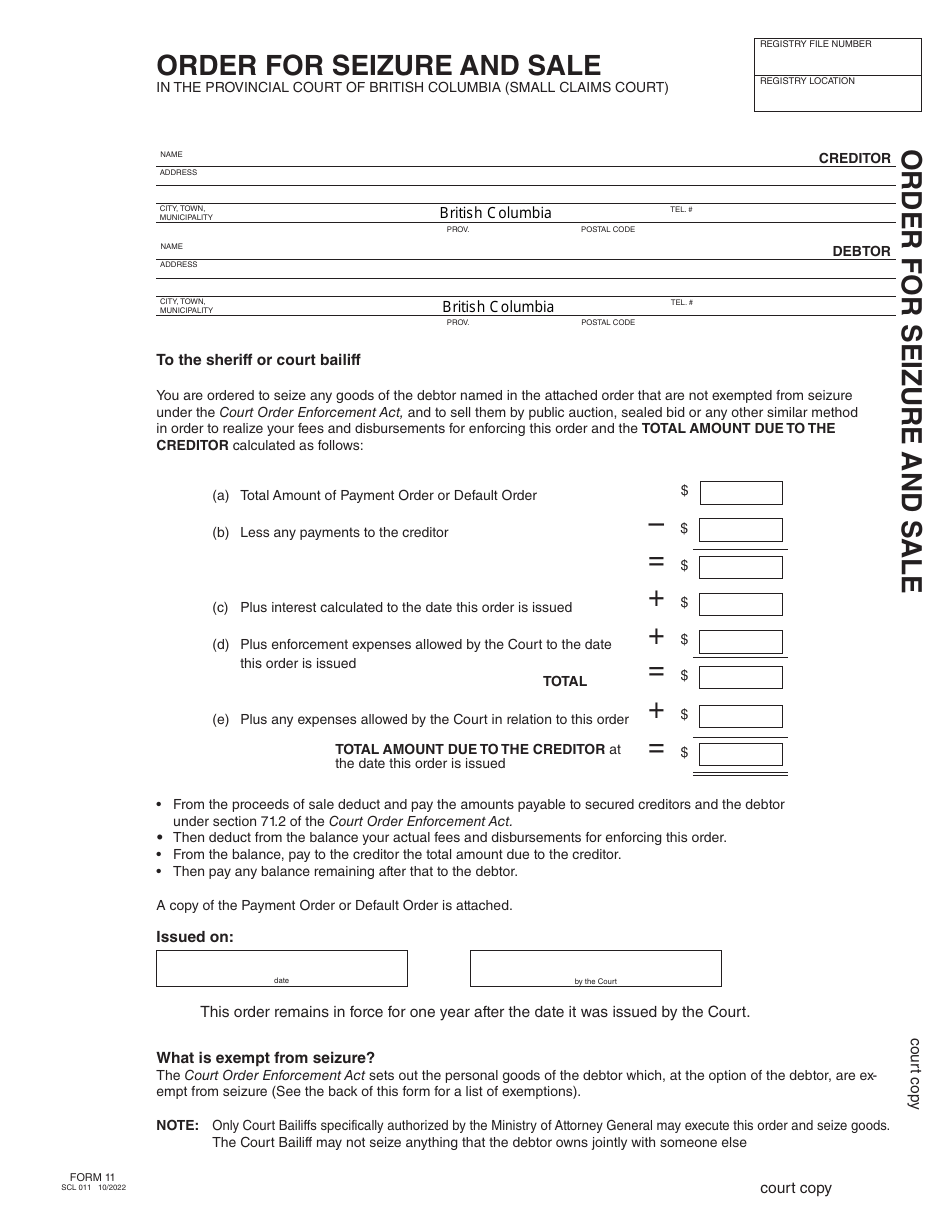 SCR Form 11 (SCL011) Order for Seizure and Sale - British Columbia, Canada, Page 9