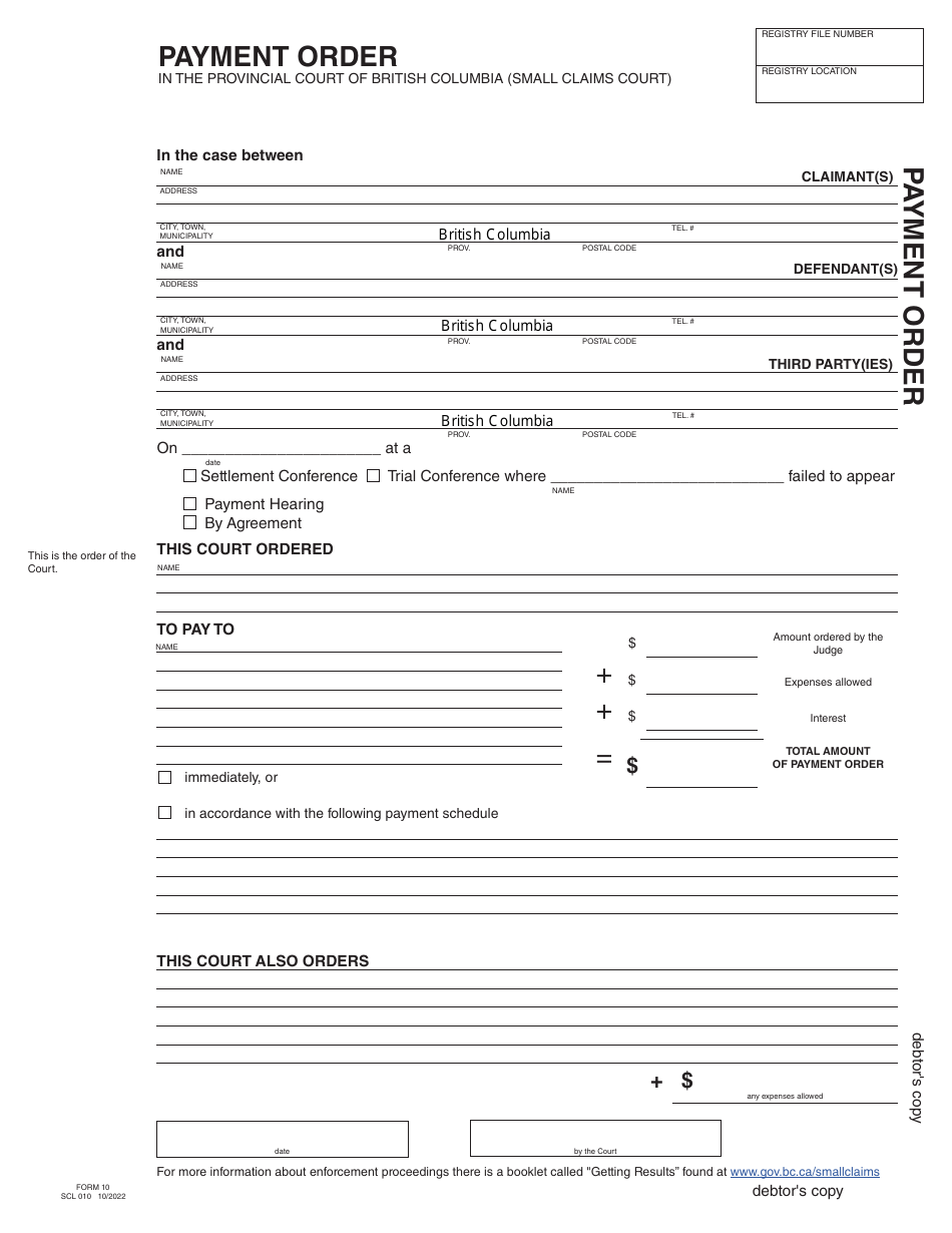 SCR Form 10 (SCL010) Payment Order - British Columbia, Canada, Page 3