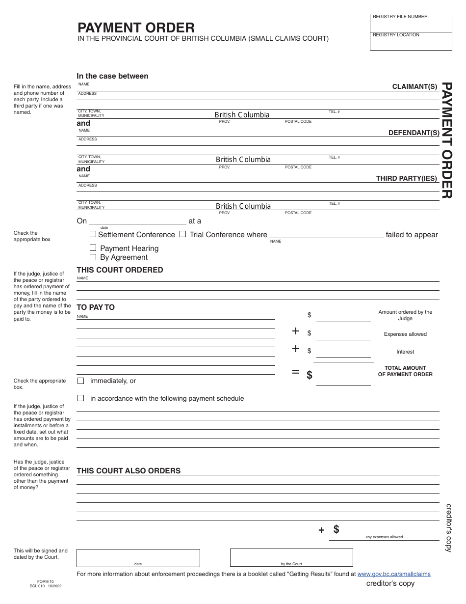 SCR Form 10 (SCL010) Payment Order - British Columbia, Canada, Page 4