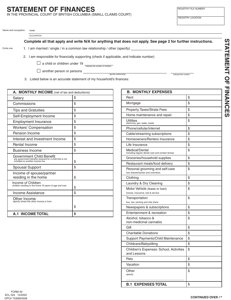 Form 40 (SCL024) Statement of Finances - British Columbia, Canada, Page 2