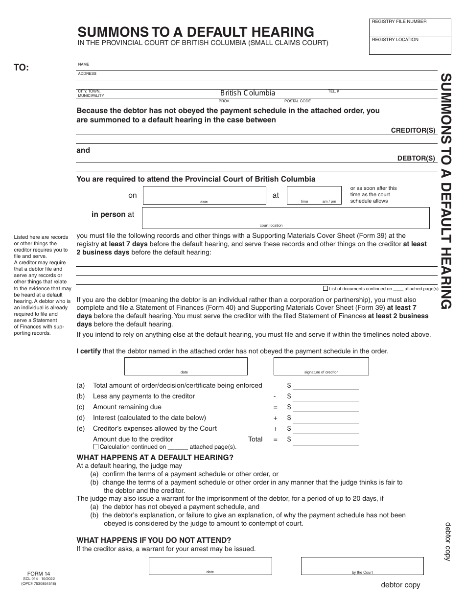 SCR Form 14 (SCL014) Summons to a Default Hearing - British Columbia, Canada, Page 3