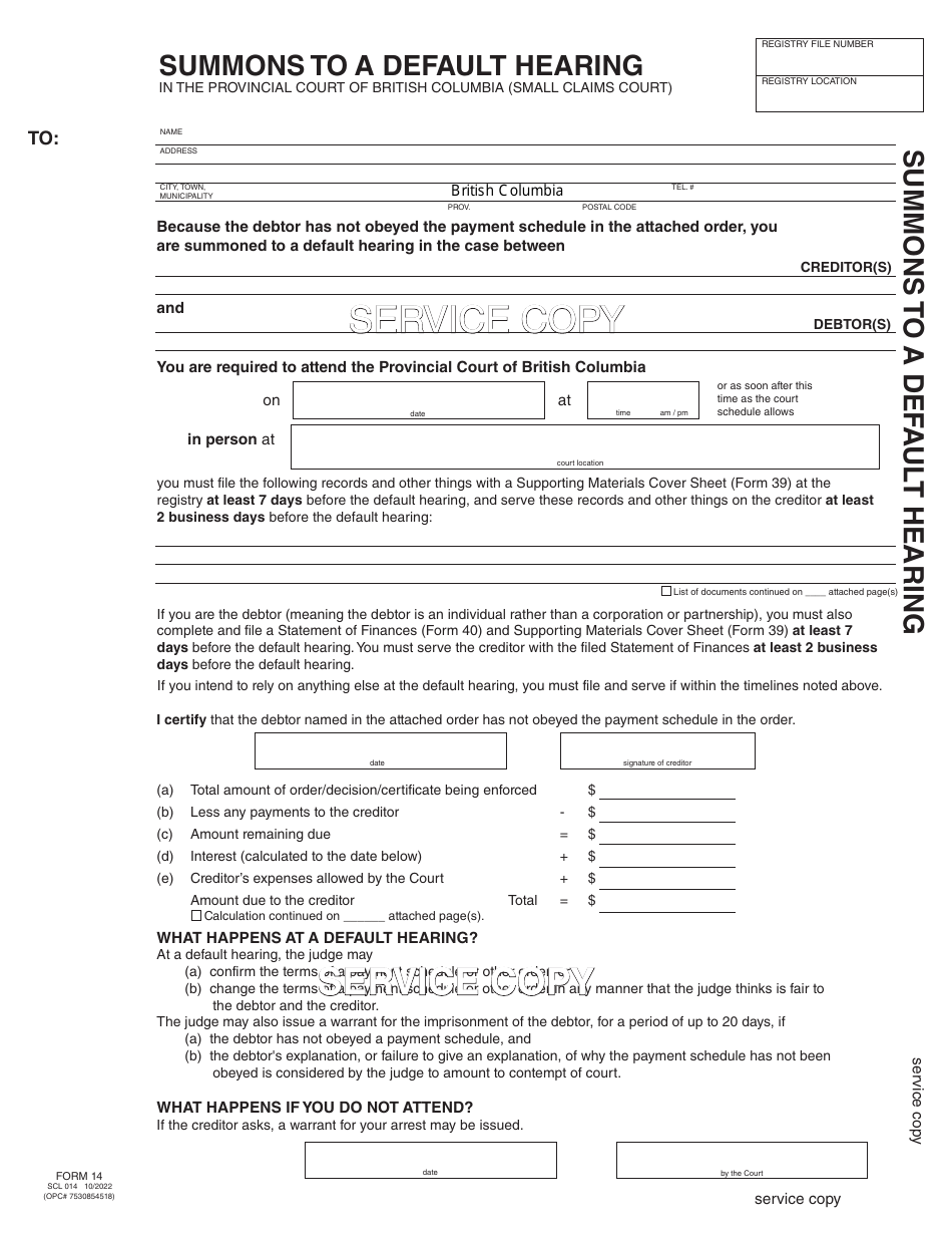 SCR Form 14 (SCL014) Summons to a Default Hearing - British Columbia, Canada, Page 4