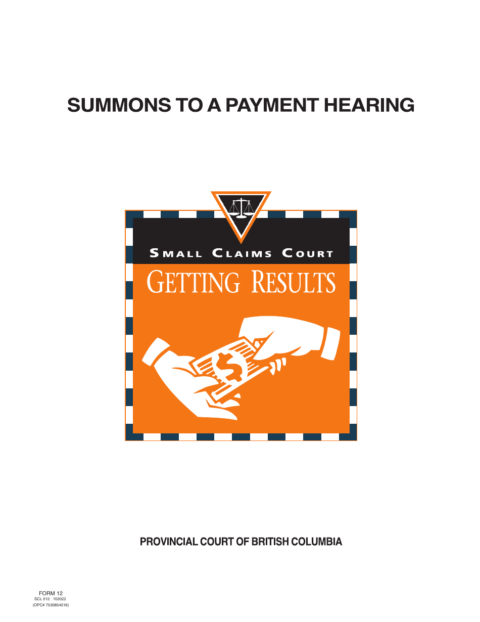 SCR Form 12 (SCL012) Summons to a Payment Hearing - British Columbia, Canada, Page 1