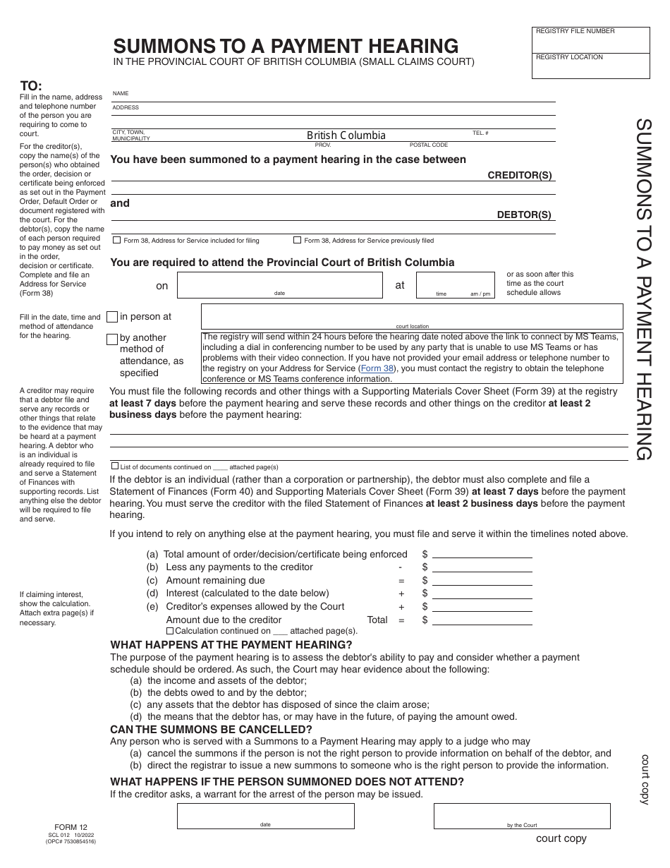 SCR Form 12 (SCL012) Summons to a Payment Hearing - British Columbia, Canada, Page 3