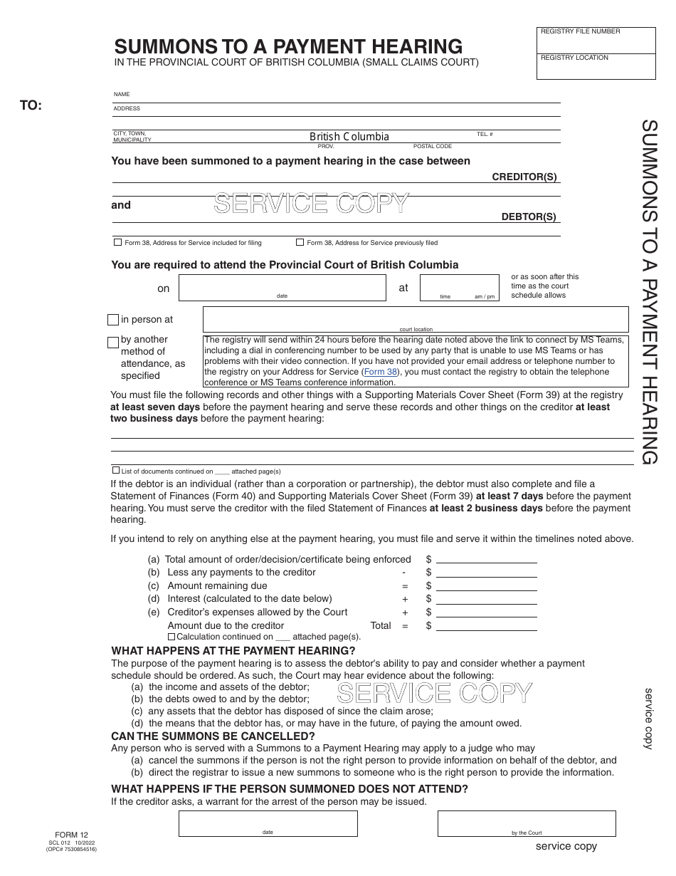 SCR Form 12 (SCL012) Summons to a Payment Hearing - British Columbia, Canada, Page 7