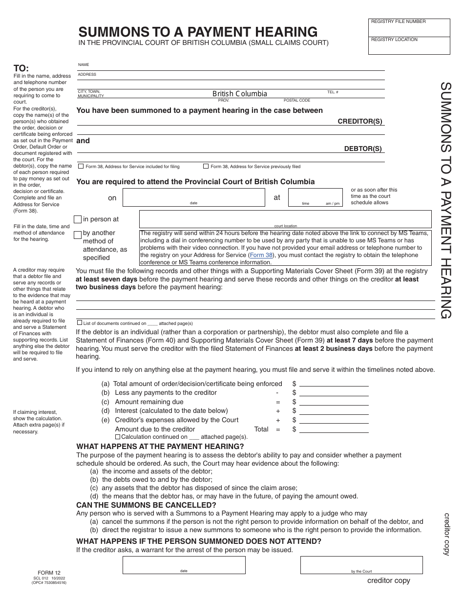 SCR Form 12 (SCL012) Summons to a Payment Hearing - British Columbia, Canada, Page 9