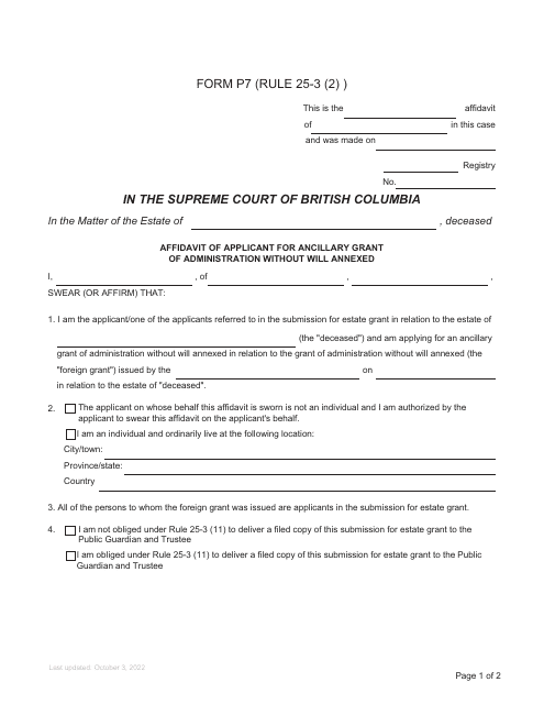 Form P7 Affidavit Of Applicant For Ancillary Grant Of Administration Without Will Annexed British Columbia Canada Big 