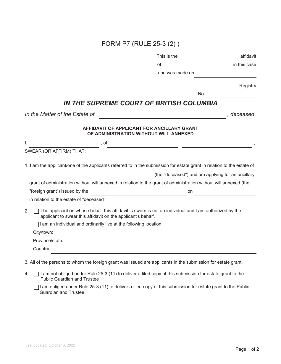 Form P7 Affidavit of Applicant for Ancillary Grant of Administration Without Will Annexed - British Columbia, Canada, Page 1