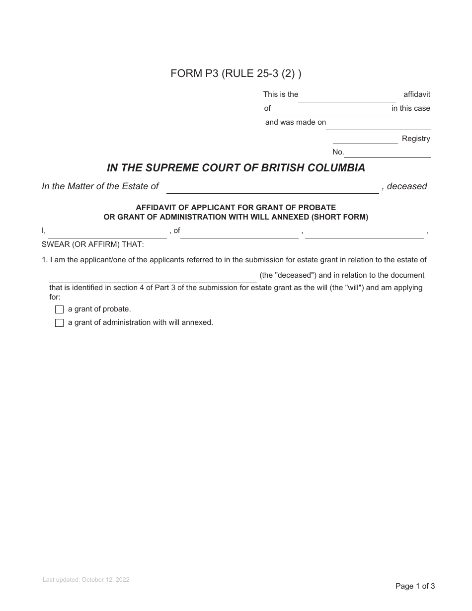 Form P3 Affidavit of Applicant for Grant of Probate or Grant of Administration With Will Annexed (Short Form) - British Columbia, Canada, Page 1