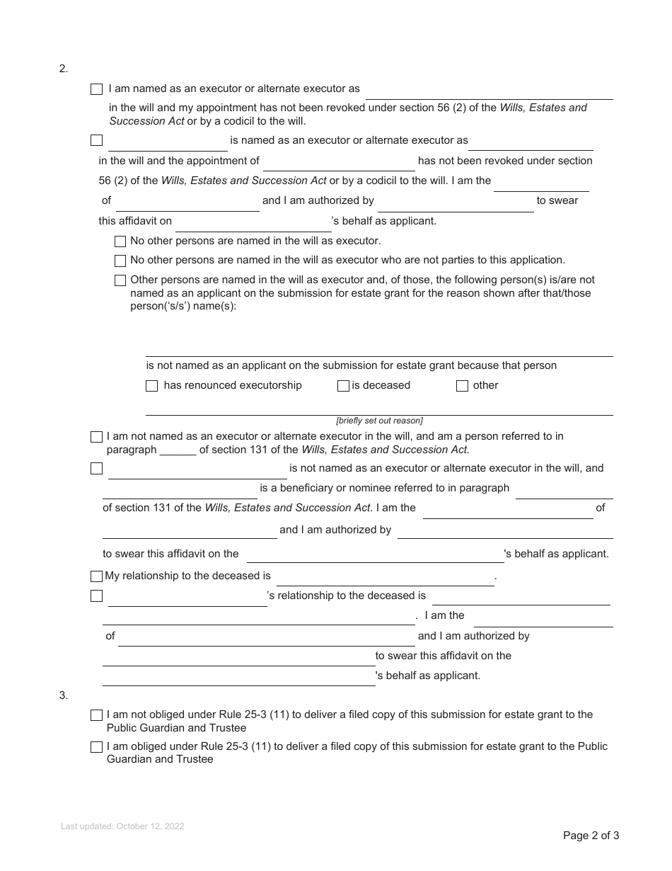 Form P3 Affidavit of Applicant for Grant of Probate or Grant of Administration With Will Annexed (Short Form) - British Columbia, Canada, Page 2