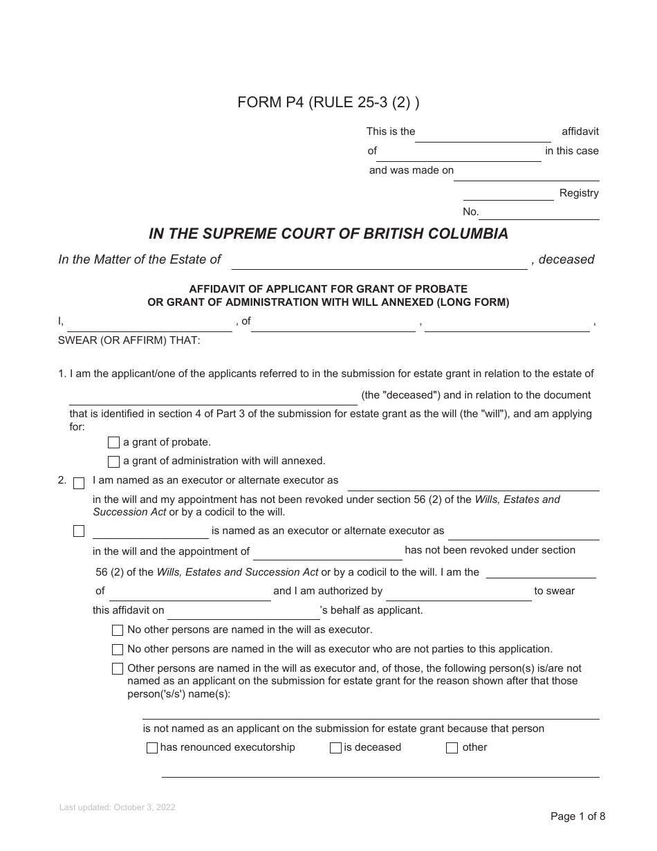 Form P4 Affidavit of Applicant for Grant of Probate or Grant of Administration With Will Annexed (Long Form) - British Columbia, Canada, Page 1