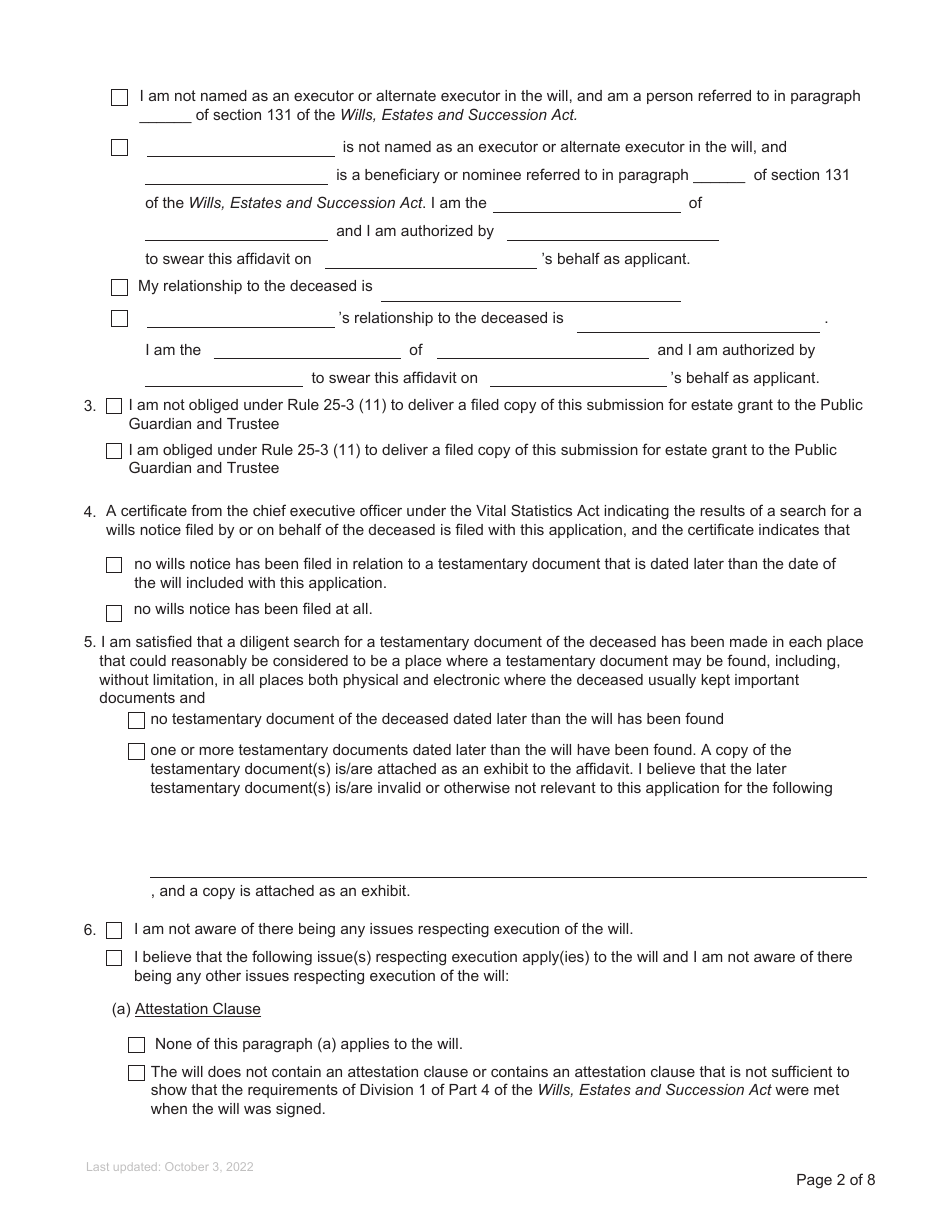 Form P4 Affidavit of Applicant for Grant of Probate or Grant of Administration With Will Annexed (Long Form) - British Columbia, Canada, Page 2
