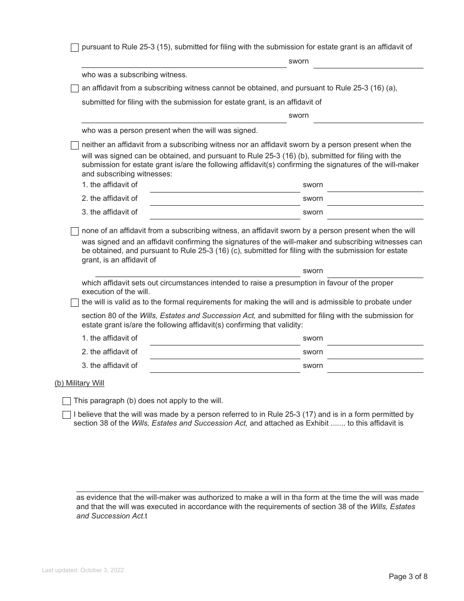Form P4 Affidavit of Applicant for Grant of Probate or Grant of Administration With Will Annexed (Long Form) - British Columbia, Canada, Page 3